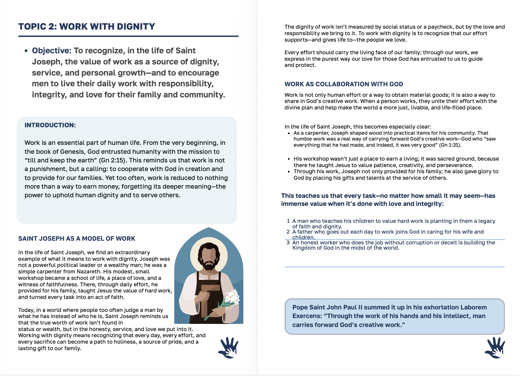 The open Facilitator Guide showing Topic 2: Work with Dignity, with an illustration of Saint Joseph as a carpenter.