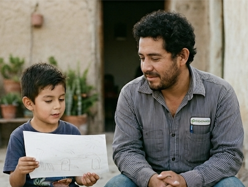 A young father sits beside his son who holds up a drawing — a moment of attention and listening.